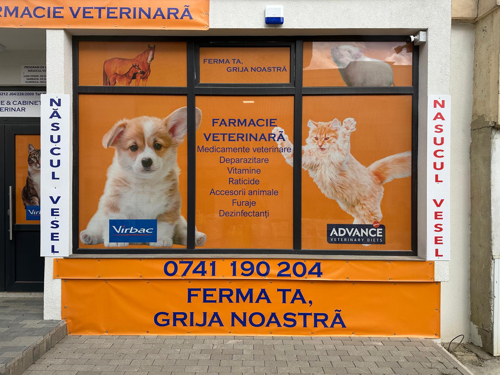 Fereastra cabinetului Năsucul Vesel cu farmacia veterinară vizibilă din stradă